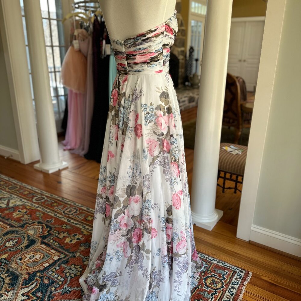 Sherri Hill Strapless Floral Chiffon Gown - Ruched Bodice & High Slit - Size 4 - Picture 6 of 11